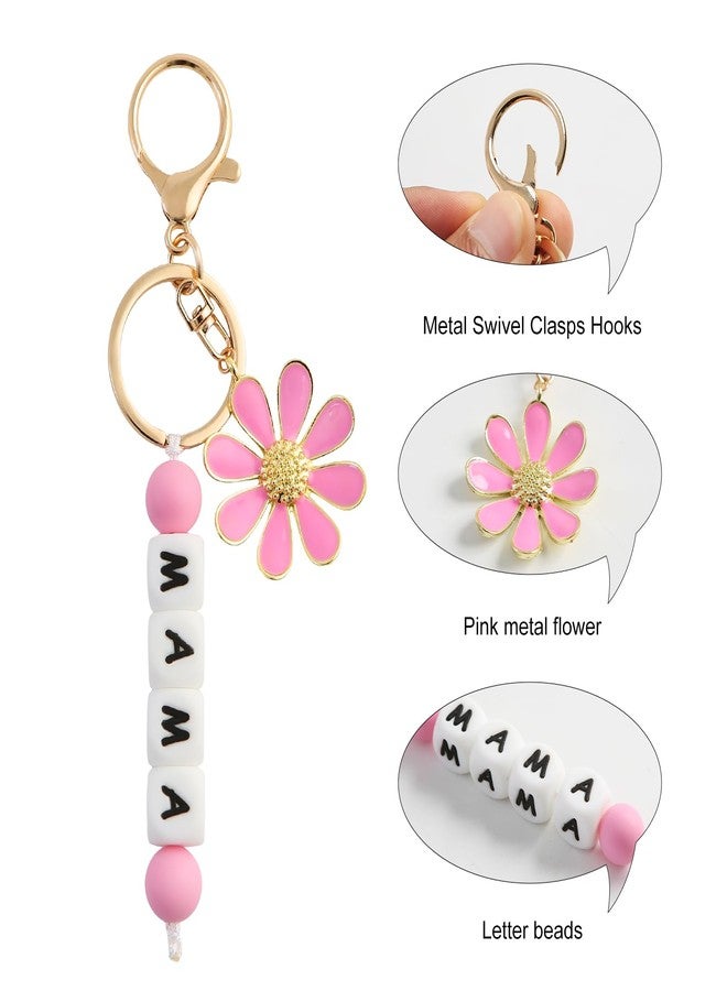 Fancheer Silicone Beaded MAMA Keychain for Mom Women Flower Pendant Key Chain Baby Shower Mother Gift Pink - Image 3